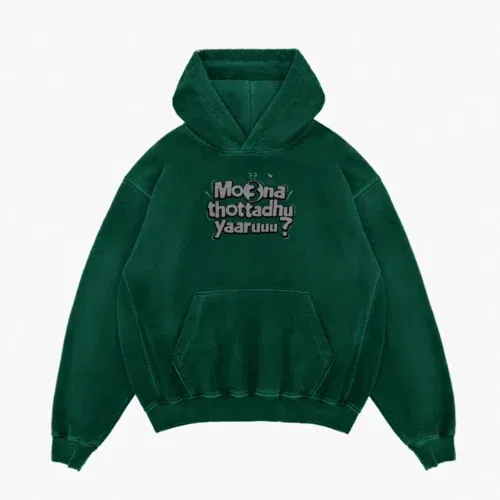 Moona thotadhu yaaru men/unisex acid wash hoodie in bottle green color