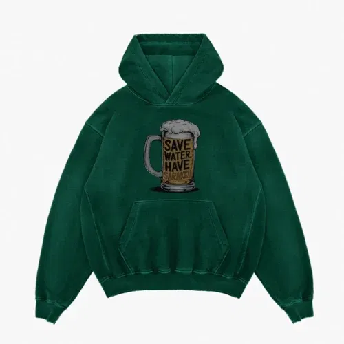 Save water and have sarakku men/unisex acid wash hoodie in bottle green color