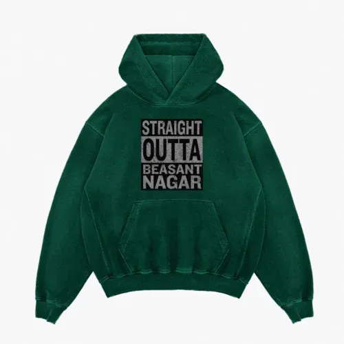 Straight outta beasant nagar men/unisex acid wash hoodie in bottle green color