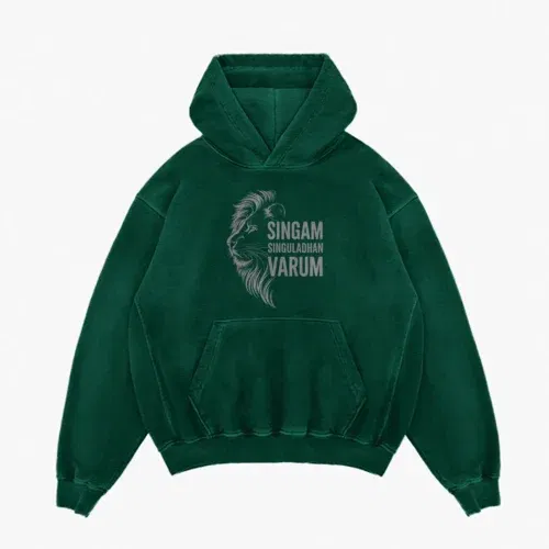 Singam singuladhan varum men/unisex acid wash hoodie in bottle green color