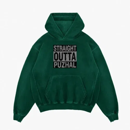 Straight outta puzhal men/unisex acid wash hoodie in bottle green color