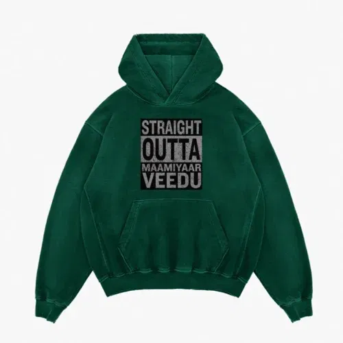 Straight outta maamiyaar veedu men/unisex acid wash hoodie in bottle green color
