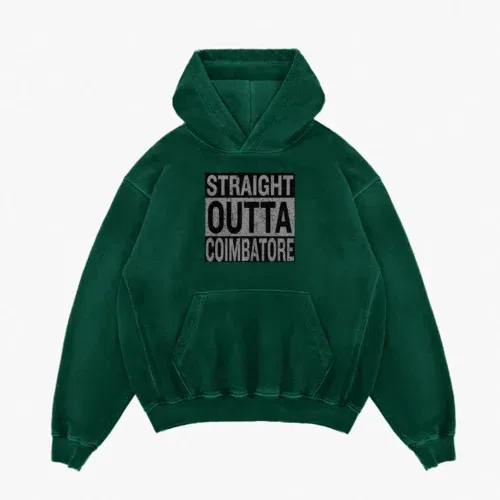 Straight outta coimbatore men/unisex acid wash hoodie in bottle green color