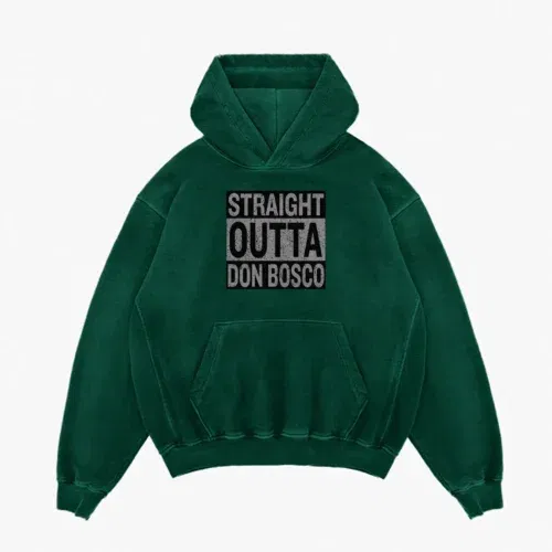 Straight outta don bosco men/unisex acid wash hoodie in bottle green color