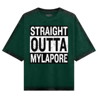 Straight Outta Mylapore Men/Unisex Acid Wash Oversized T-Shirt in Bottle Green Color