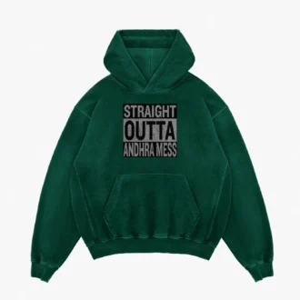 Straight Outta Andhra Mess Men/Unisex Acid Wash Hoodie in Bottle Green Color