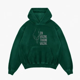 En Vazhi, Thani Vazhi (White) Men/Unisex Acid Wash Hoodie in Bottle Green Color