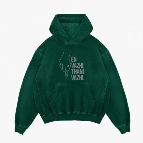 En vazhi, thani vazhi (white) men/unisex acid wash hoodie in bottle green color