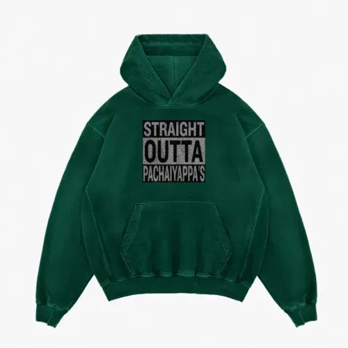 Straight outta pachaiyappa's men/unisex acid wash hoodie in bottle green color