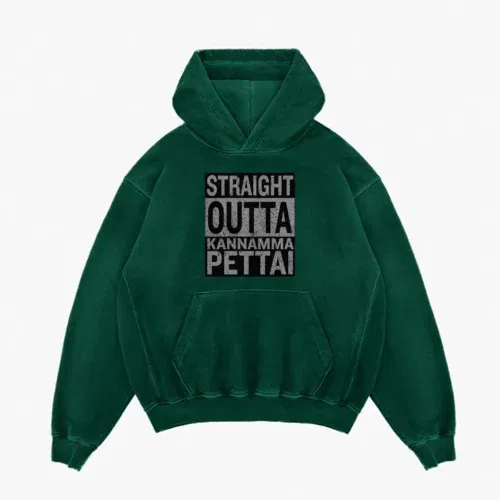 Straight outta kannamma pettai men/unisex acid wash hoodie in bottle green color