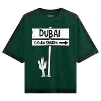 Dubai Kuruku Sandhu Men/Unisex Acid Wash Oversized T-Shirt in Bottle Green Color