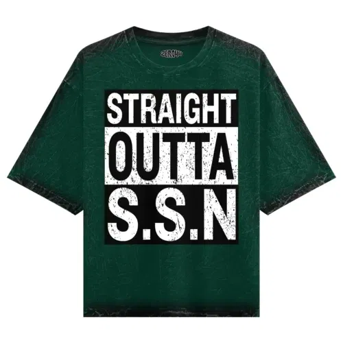 Straight outta ssn university men/unisex acid wash oversized t-shirt in bottle green color