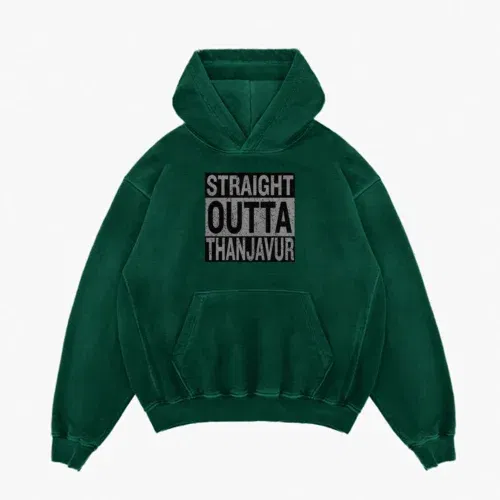 Straight outta thanjavur men/unisex acid wash hoodie in bottle green color
