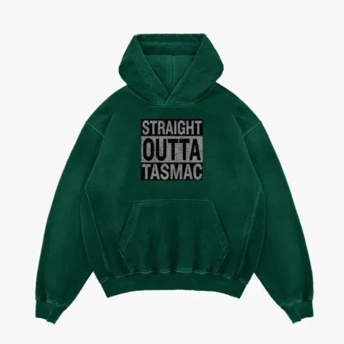 Straight outta tasmac men/unisex acid wash hoodie in bottle green color