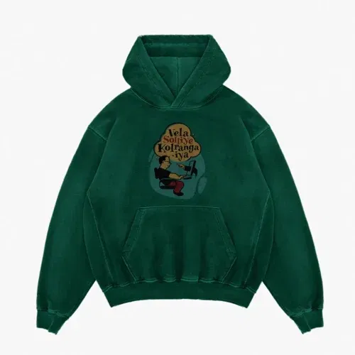 Vela soliye kolrangaiya men/unisex acid wash hoodie in bottle green color