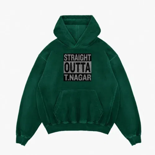 Straight outta t-nagar men/unisex acid wash hoodie in bottle green color