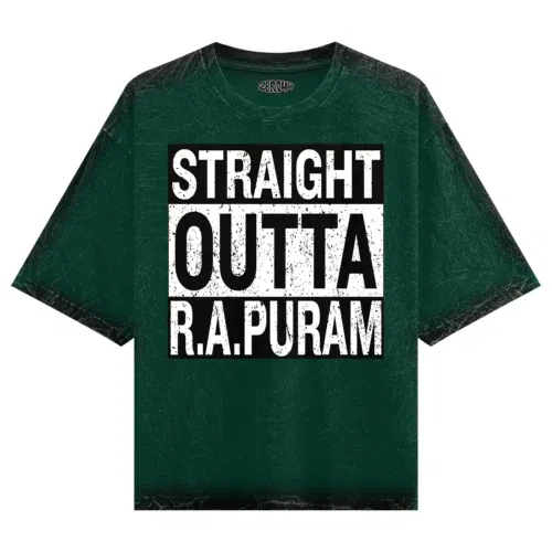 Straight outta r. A puram men/unisex acid wash oversized t-shirt in bottle green color