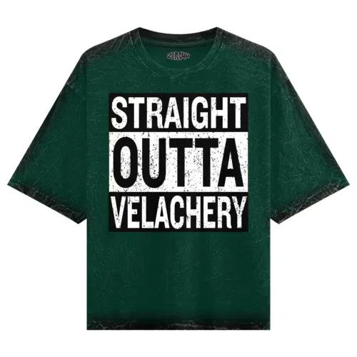 Straight outta velachery men/unisex acid wash oversized t-shirt in bottle green color