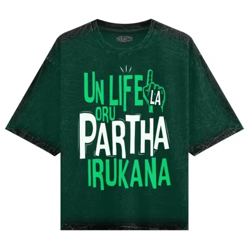 Un life la oru partha irukana men/unisex acid wash oversized t-shirt in bottle green color