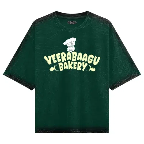 Veerabaagu bakery men/unisex acid wash oversized t-shirt in bottle green color