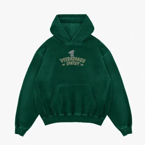 Veerabaagu bakery men/unisex acid wash hoodie in bottle green color