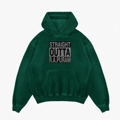 Straight outta r. A puram men/unisex acid wash hoodie in bottle green color