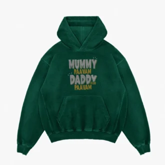 Mummy Paavam, Daddy Also Paavam Men/Unisex Acid Wash Hoodie in Bottle Green Color