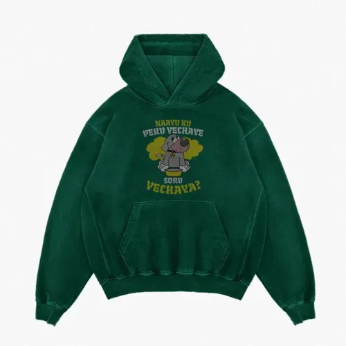 Naayu ku peru vachaye soru vachaye men/unisex acid wash hoodie in bottle green color