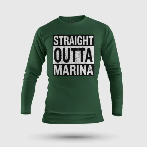 Straight outta marina men/unisex long sleeve t-shirt in bottle green color
