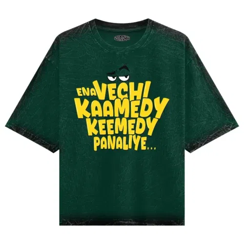Ena vechi kaamedy keemady panaliye men/unisex acid wash oversized t-shirt in bottle green color