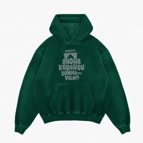 Echuuse me andha korangu bomma ena velai? Men/unisex acid wash hoodie in bottle green color