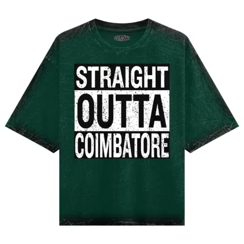 Straight outta coimbatore men/unisex acid wash oversized t-shirt in bottle green color