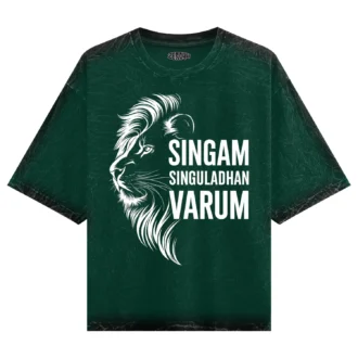 Singam Singuladhan Varum Men/Unisex Acid Wash Oversized T-Shirt in Bottle Green Color