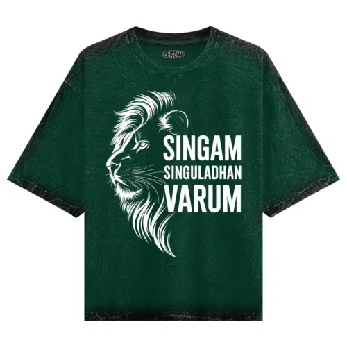 Singam singuladhan varum men/unisex acid wash oversized t-shirt in bottle green color