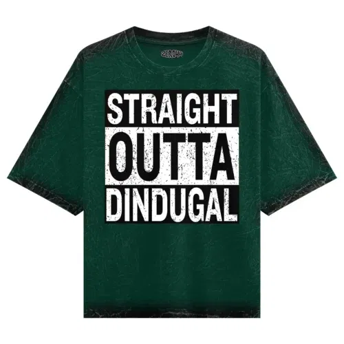 Straight outta dindugal men/unisex acid wash oversized t-shirt in bottle green color