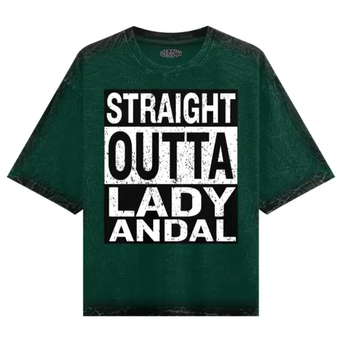 Straight outta lady andal men/unisex acid wash oversized t-shirt in bottle green color