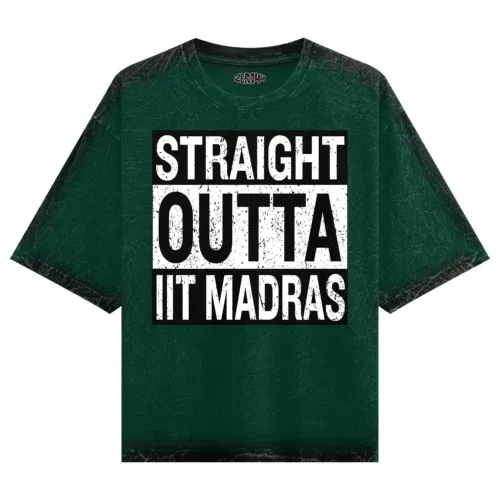Straight outta iit madras men/unisex acid wash oversized t-shirt in bottle green color