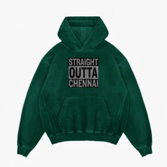 Straight Outta Chennai Men/Unisex Acid Wash Hoodie in Bottle Green Color