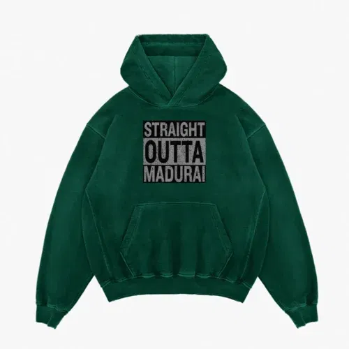 Straight outta madurai men/unisex acid wash hoodie in bottle green color