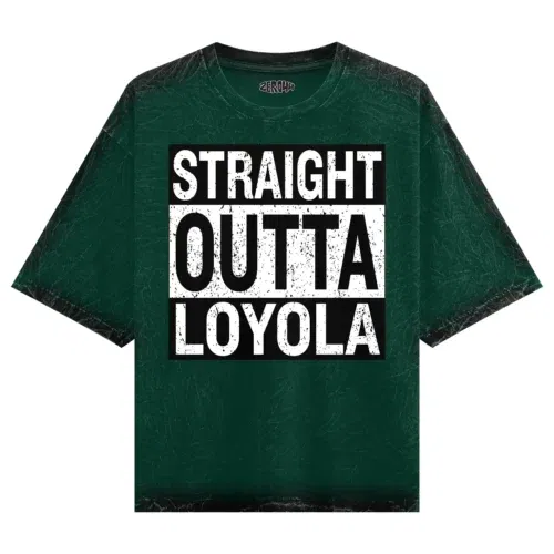 Straight outta loyola men/unisex acid wash oversized t-shirt in bottle green color