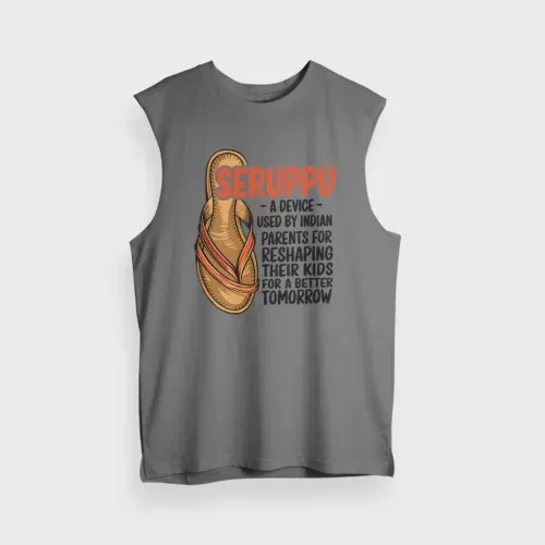 Seruppu - a device used by indian parents men/unisex tank top in charcoal melange color