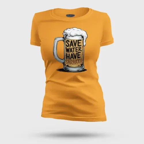 Save water and have sarakku women's t-shirt in golden yellow color
