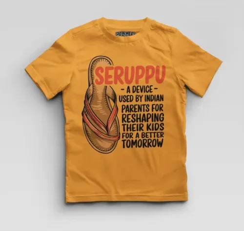 Seruppu - a device used by indian parents boys round neck t-shirt in golden yellow color
