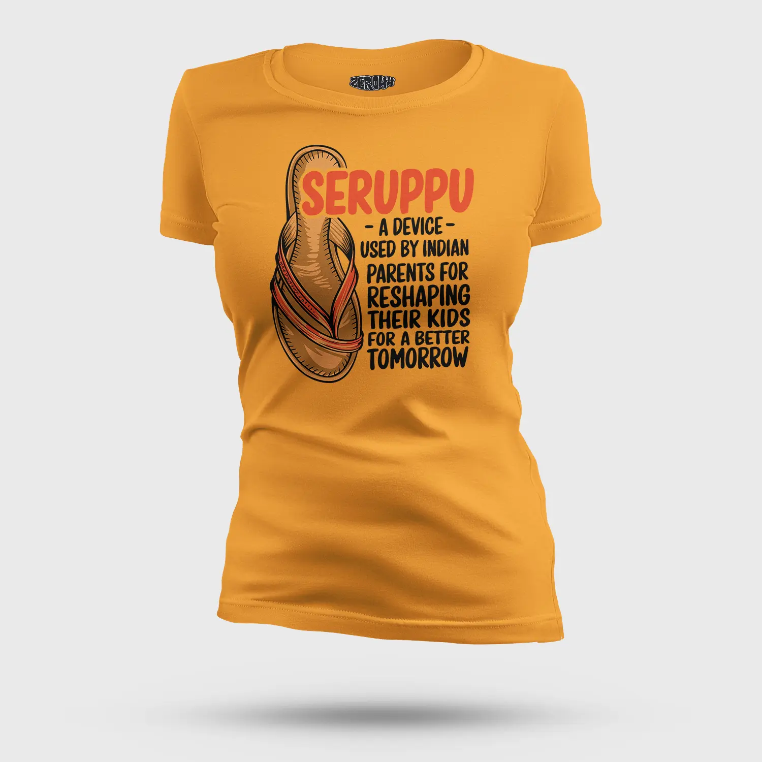 Seruppu - A Device Used By Indian Parents Women's T-Shirt in Golden Yellow Color
