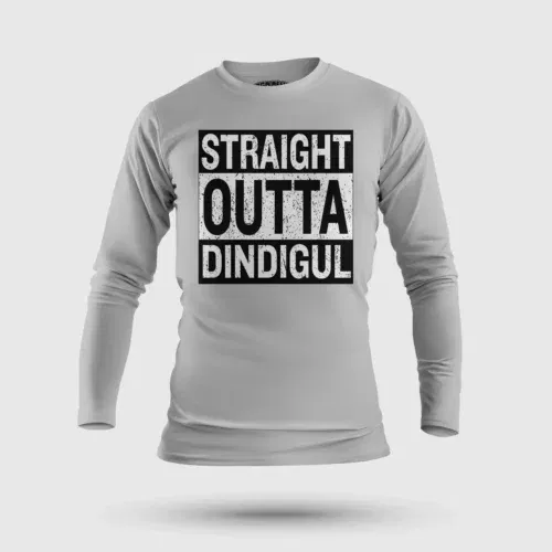 Straight outta dindigul men/unisex long sleeve t-shirt in grey melange color