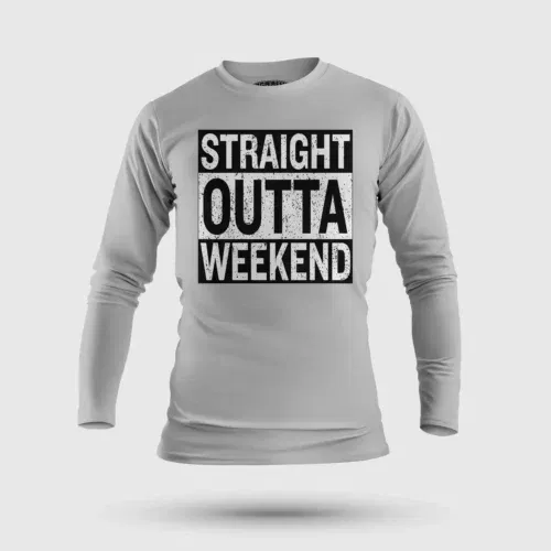 Straight outta weekend men/unisex long sleeve t-shirt in grey melange color