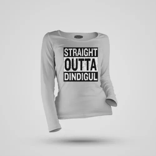 Straight outta dindigul women's long sleeve t-shirt in grey melange color