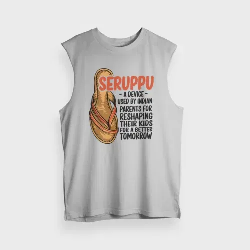 Seruppu - a device used by indian parents men/unisex tank top in grey melange color
