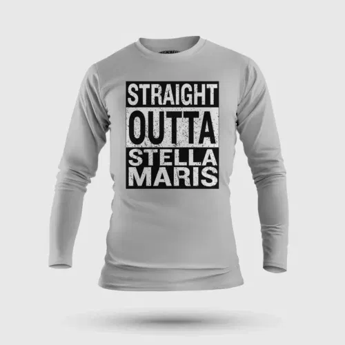Straight outta stella maris men/unisex long sleeve t-shirt in grey melange color