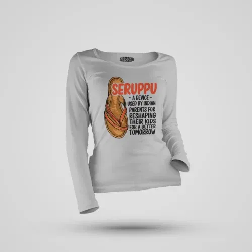 Seruppu - a device used by indian parents women's long sleeve t-shirt in grey melange color